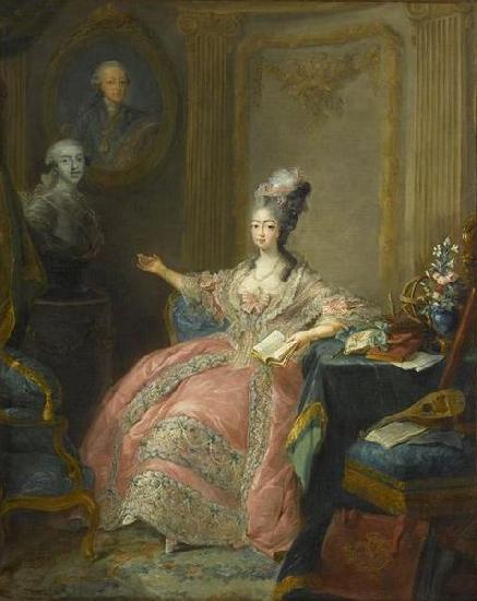 unknow artist Portrait of Marie Josephine of Savoy Countess of Provence pointing to a bust of her husband overlooked by a portrait of her father oil painting image